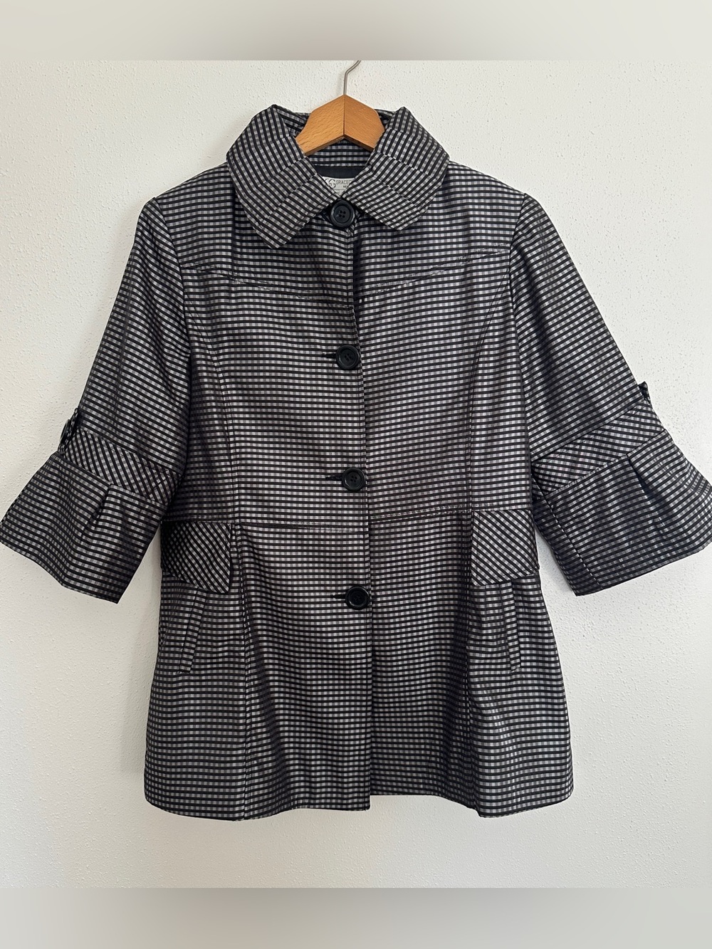 NWT Grace Chuang Black White Gingham Check Blazer Jacket Topper M